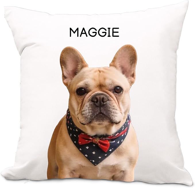 Personalized pet pillow with French Bulldog photo and custom name Maggie
