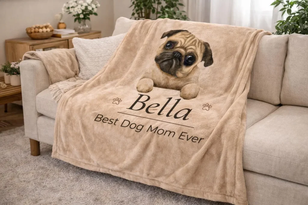 Personalized pet blanket with dog portrait and custom name Bella