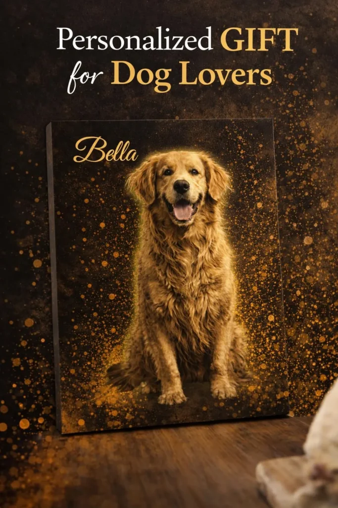 Personalized dog gift featuring a custom portrait of a Golden Retriever