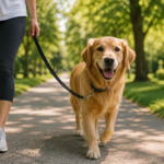 Golden retriever walking on a leash outdoors