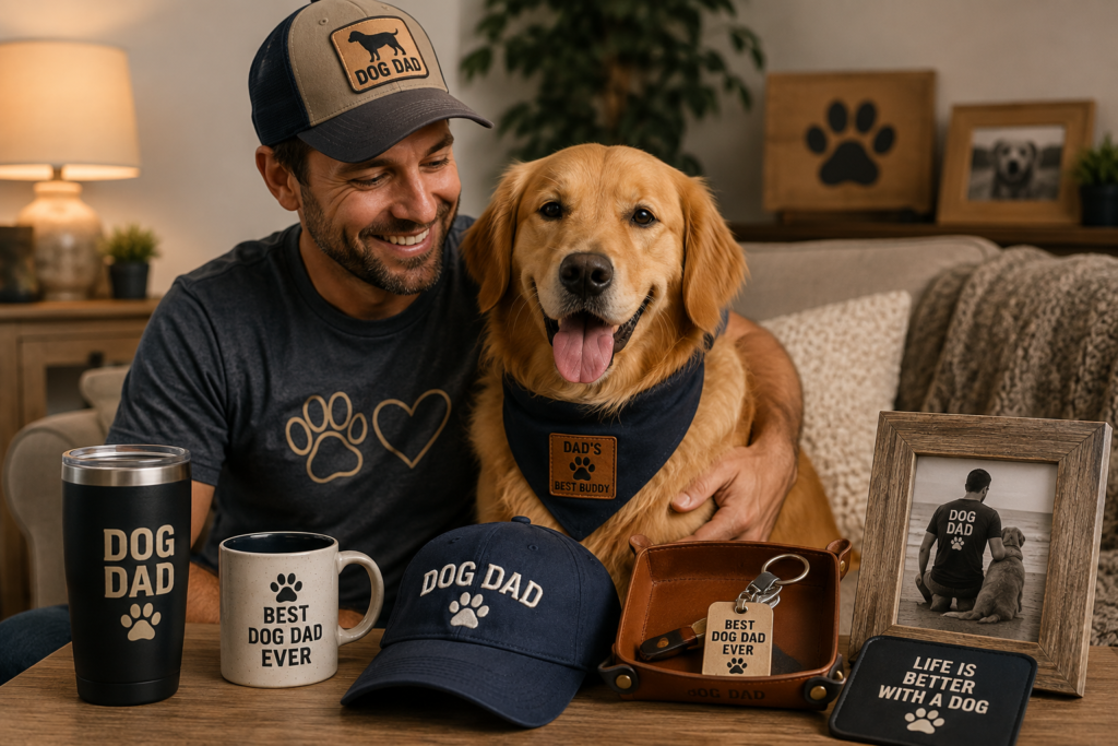 Dog dad with his dog and personalized dog gifts