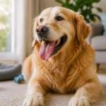 Golden retriever panting while resting indoors