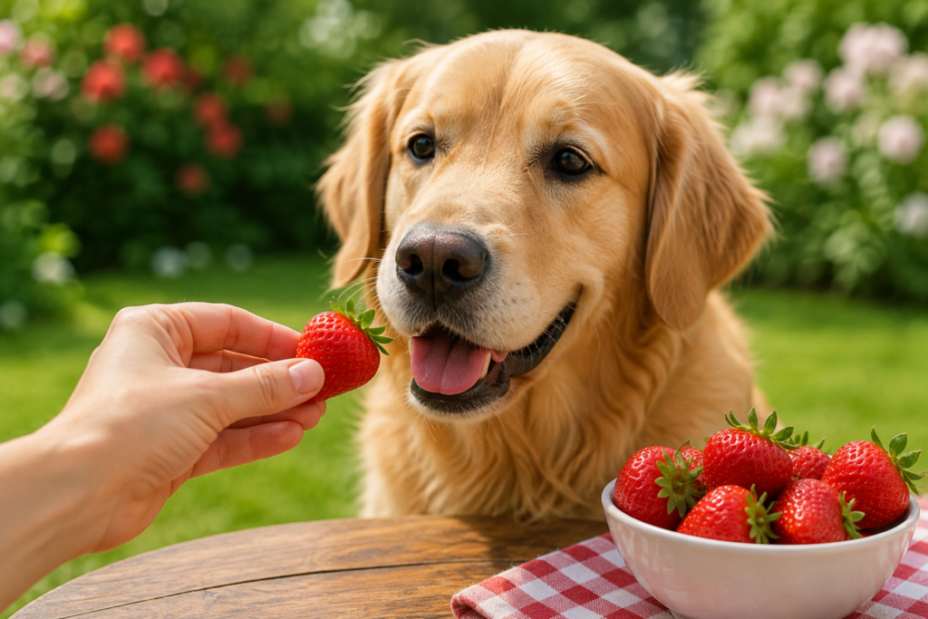 Golden retriever eating fresh strawberries outdoors