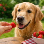 Golden retriever eating fresh strawberries outdoors