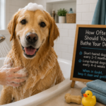How Often Should You Bathe Your Dog? Golden retriever during bath time with dog grooming supplies