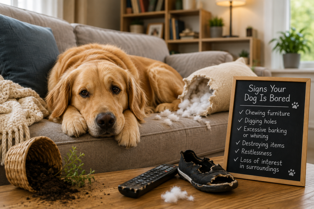 Bored dog lying on the floor beside chewed household items