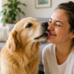 Dog licking owner's face as a sign of affection