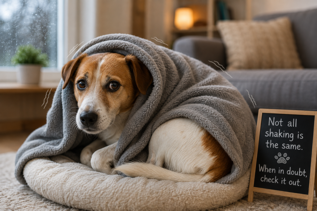 Dog wrapped in a blanket while shaking
