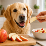 Golden retriever with fresh apple slices