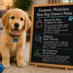 Common Mistakes New Dog Owners Make Golden retriever puppy surrounded by dog care and training essentials for new dog owners