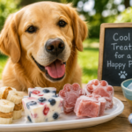 Golden retriever with homemade frozen fruit treats for hot summer days