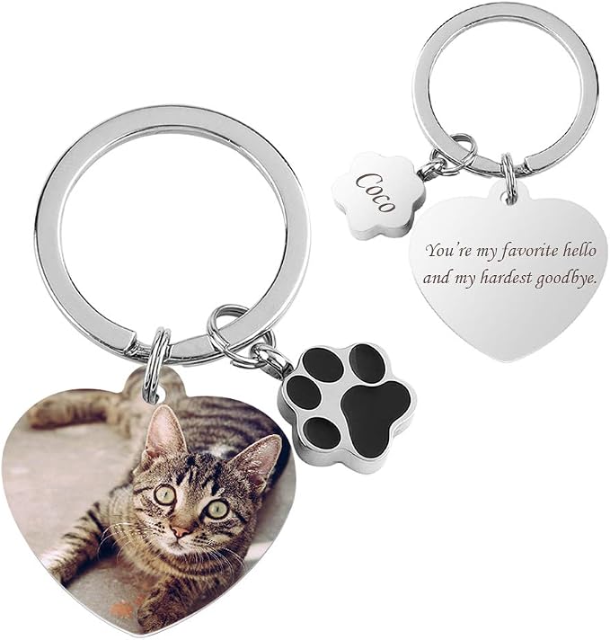 Personalized pet photo and paw print keychain with custom pet pictur