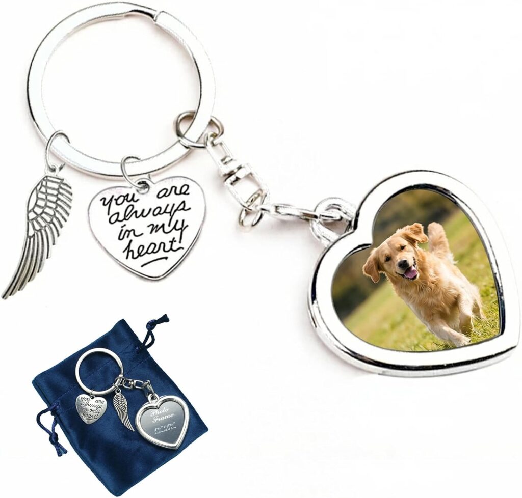 Personalized dog memorial photo keychain with heart-shaped pet photo and remembrance charm