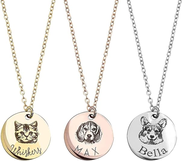 Custom dog portrait necklace personalized with pet photo and name