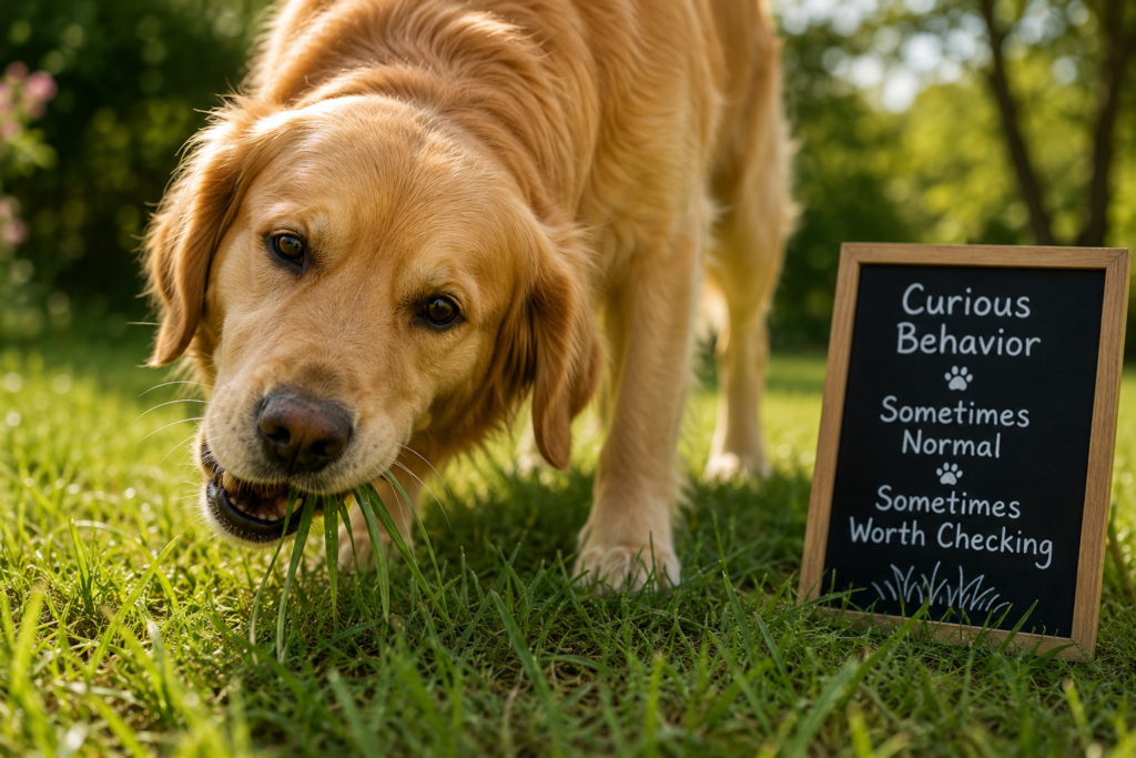 Golden retriever eating grass outdoors