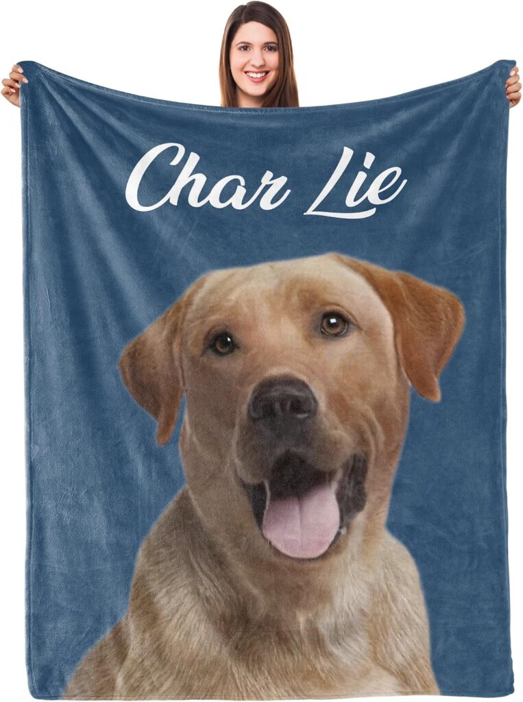 Personalized pet photo blanket with custom dog picture and name