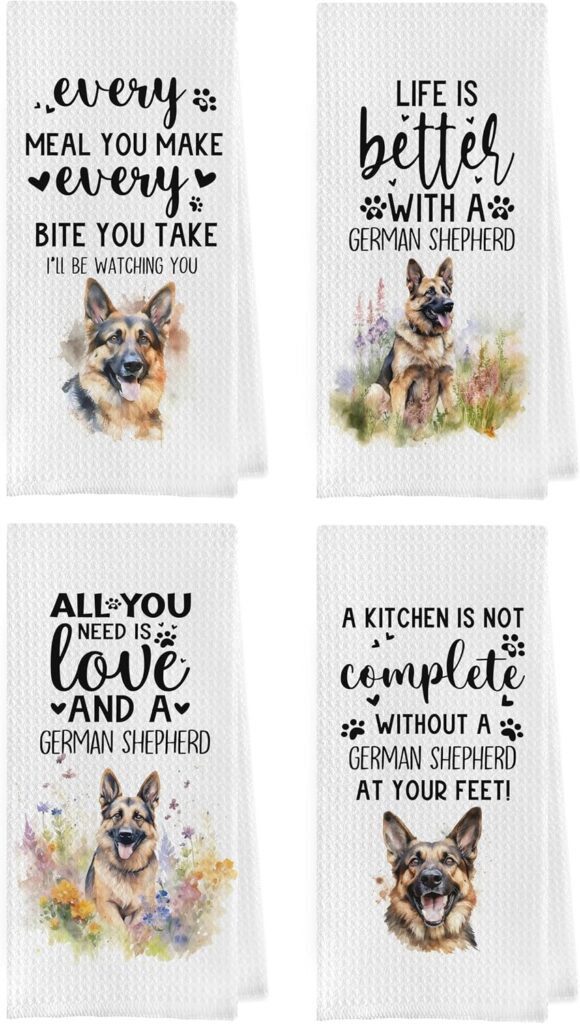 German Shepherd kitchen towel set with four dog-themed designs
