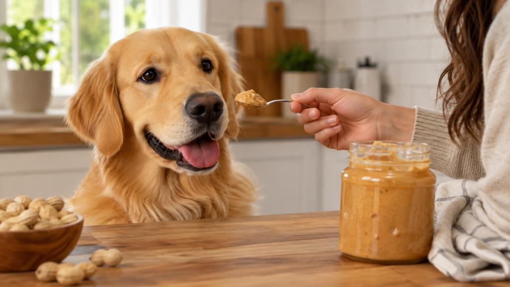 Golden retriever being offered peanut butter from a spoon