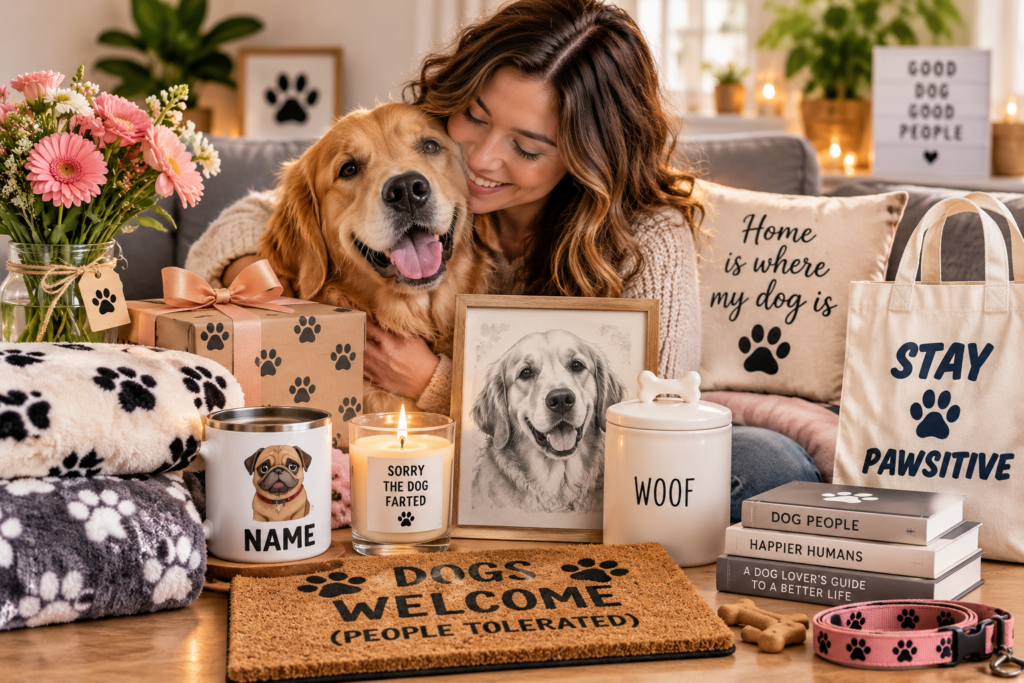 dog lover celebrating her birthday with her golden retriever and dog themed gifts