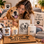 Best Birthday Gifts for Dog Lovers in 2026 dog lover celebrating her birthday with her golden retriever and dog themed gifts