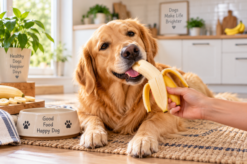 golden retriever happily eating a banana in a bright kitchen