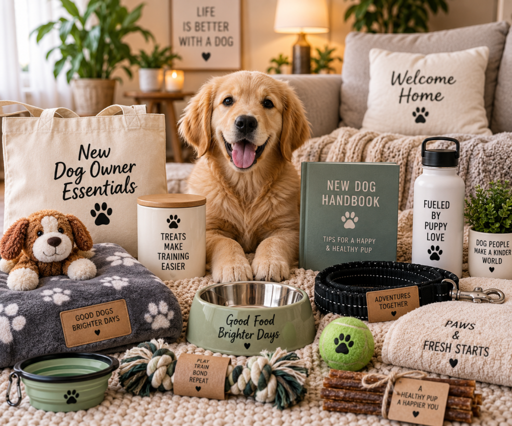 Best Gifts for New Dog Owners in 2026 golden retriever puppy surrounded by useful gifts and essentials for new dog owners