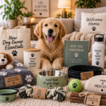 Best Gifts for New Dog Owners in 2026 golden retriever puppy surrounded by useful gifts and essentials for new dog owners