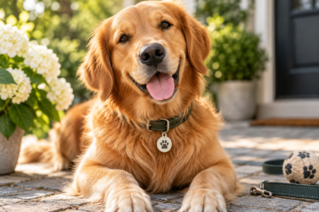 golden retriever wearing a collar with a dog id tag