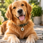 golden retriever wearing a collar with a dog id tag