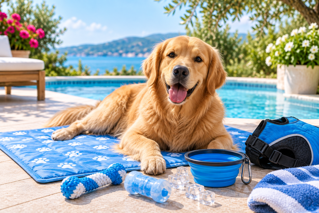 Best Cooling Products for Dogs in Summer 2026 golden retriever relaxing on a cooling mat by the pool with summer cooling products for dogs
