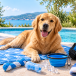golden retriever relaxing on a cooling mat by the pool with summer cooling products for dogs