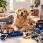 Essential Items Every New Dog Owner Needs golden retriever surrounded by essential supplies for new dog owners including food bowls, collar, leash, toys, grooming tools, dog bed and crate