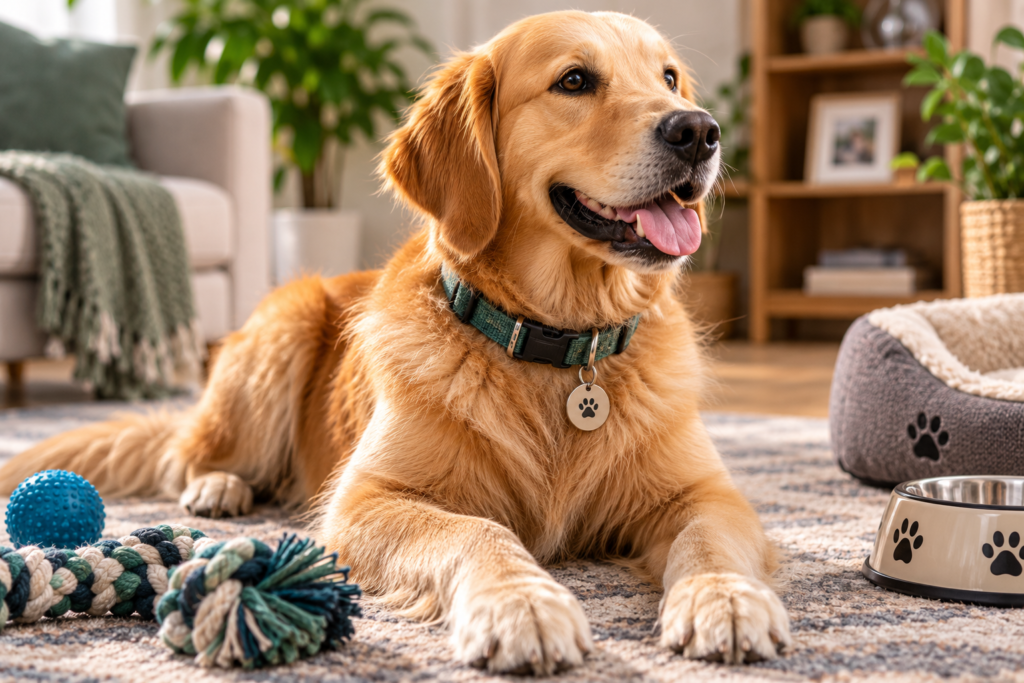 golden retriever wearing a comfortable collar with id tag while relaxing at home
