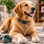 Can Dogs Wear Collars All The Time? golden retriever wearing a comfortable collar with id tag while relaxing at home