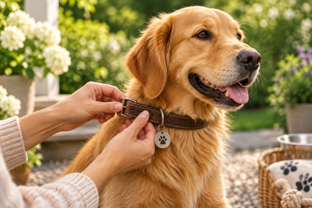 person adjusting a brown leather collar on a golden retriever outdoors