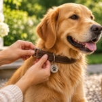 person adjusting a brown leather collar on a golden retriever outdoors