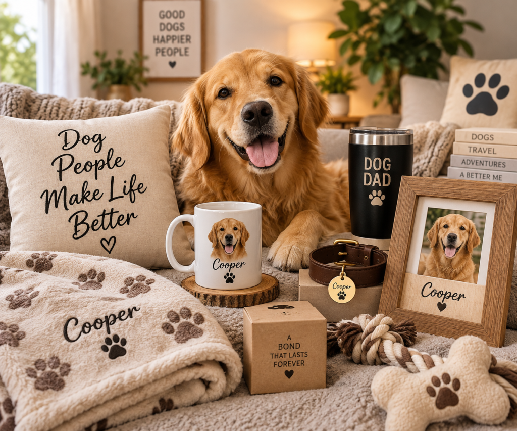 Best Personalized Dog Gifts for Dog Lovers in 2026 personalized dog gifts including a custom blanket, mug, collar tag and framed dog portrait with a golden retriever