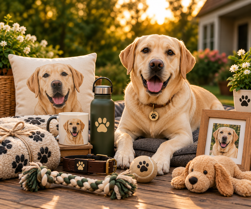 yellow labrador retriever surrounded by labrador themed gifts including a mug, blanket, water bottle, collar and dog toys