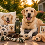 Best Gifts for Labrador Lovers in 2026 yellow labrador retriever surrounded by labrador themed gifts including a mug, blanket, water bottle, collar and dog toys