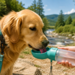 Dog drinking from a portable water bottle during a walk