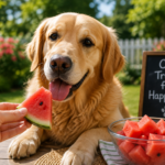 Golden Retriever eating watermelon outdoors