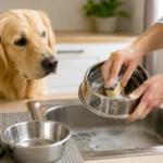 How Often Should You Wash Dog Bowls? Dog food and water bowls being washed in a kitchen sink