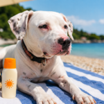 Can Dogs Get Sunburn? White dog outdoors in bright sunlight near the beach