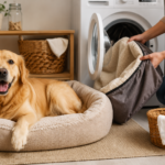 How Often Should You Wash Dog Beds? Golden retriever resting in a clean dog bed while its owner washes the removable dog bed cover