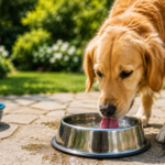 How Much Water Should a Dog Drink Per Day? Golden retriever drinking fresh water from a bowl outdoors
