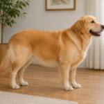 Golden retriever standing sideways on grass, showing body shape for checking whether a dog is overweight