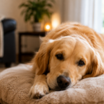 Can Dogs Get Headaches? Signs, Possible Causes and When to Call a Vet Golden retriever resting its head on a soft blanket at home, illustrating possible signs of head pain or discomfort in dogs.