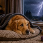 An anxious dog resting under a blanket indoors during a thunderstorm