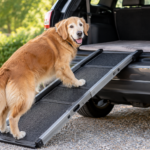 Best Dog Ramps for Cars and Beds in 2026 Golden retriever using a dog ramp to get into an SUV – best dog ramps for cars and beds in 2026