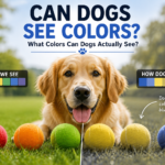 Can Dogs See Colors? What Colors Can Dogs Actually See? Can dogs see colors infographic showing a golden retriever with a comparison of human color vision and dog color vision, highlighting blue and yellow shades.